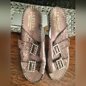 La Plume JEN Croc Embossed Leather Slide Sandals BRONZE,Size 37 / US 6.5 - 7